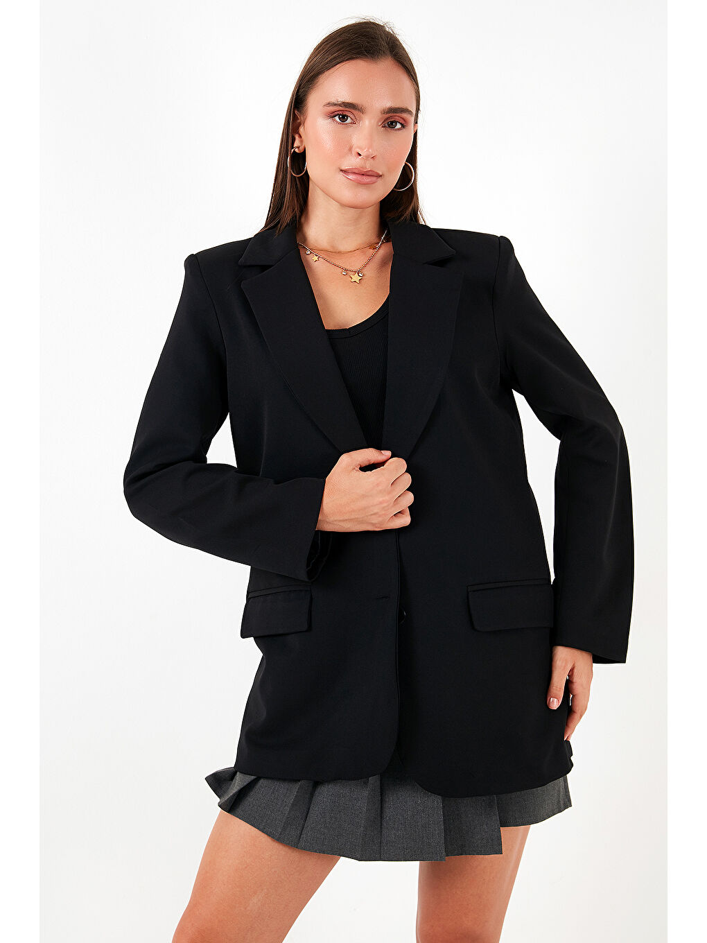 Siyah Relaxed Fit Mono Yaka Cepli Blazer Ceket 611BC00132-4