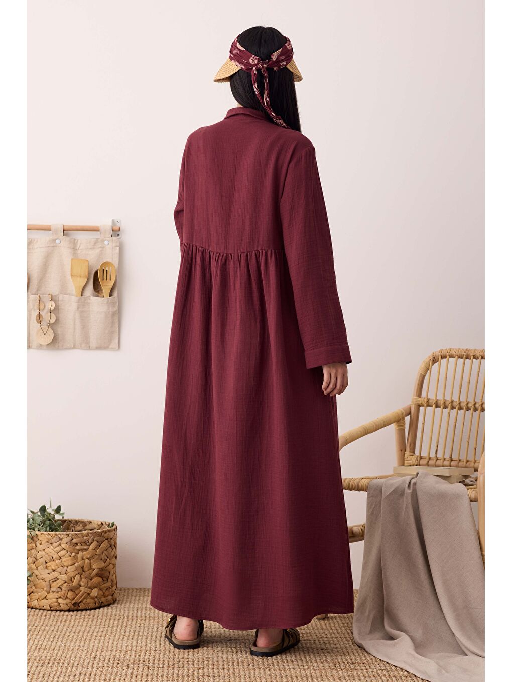 Müslin Beli Büzgülü Elbise Bordo-3