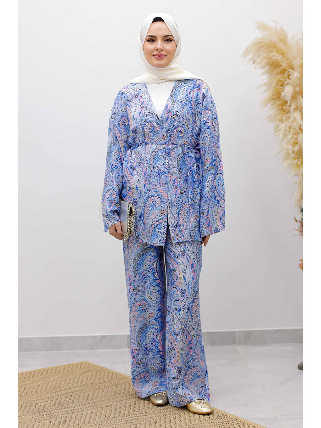 Beli İp Bağlamalı Kimono Takım Tsd250265 Mavi-3