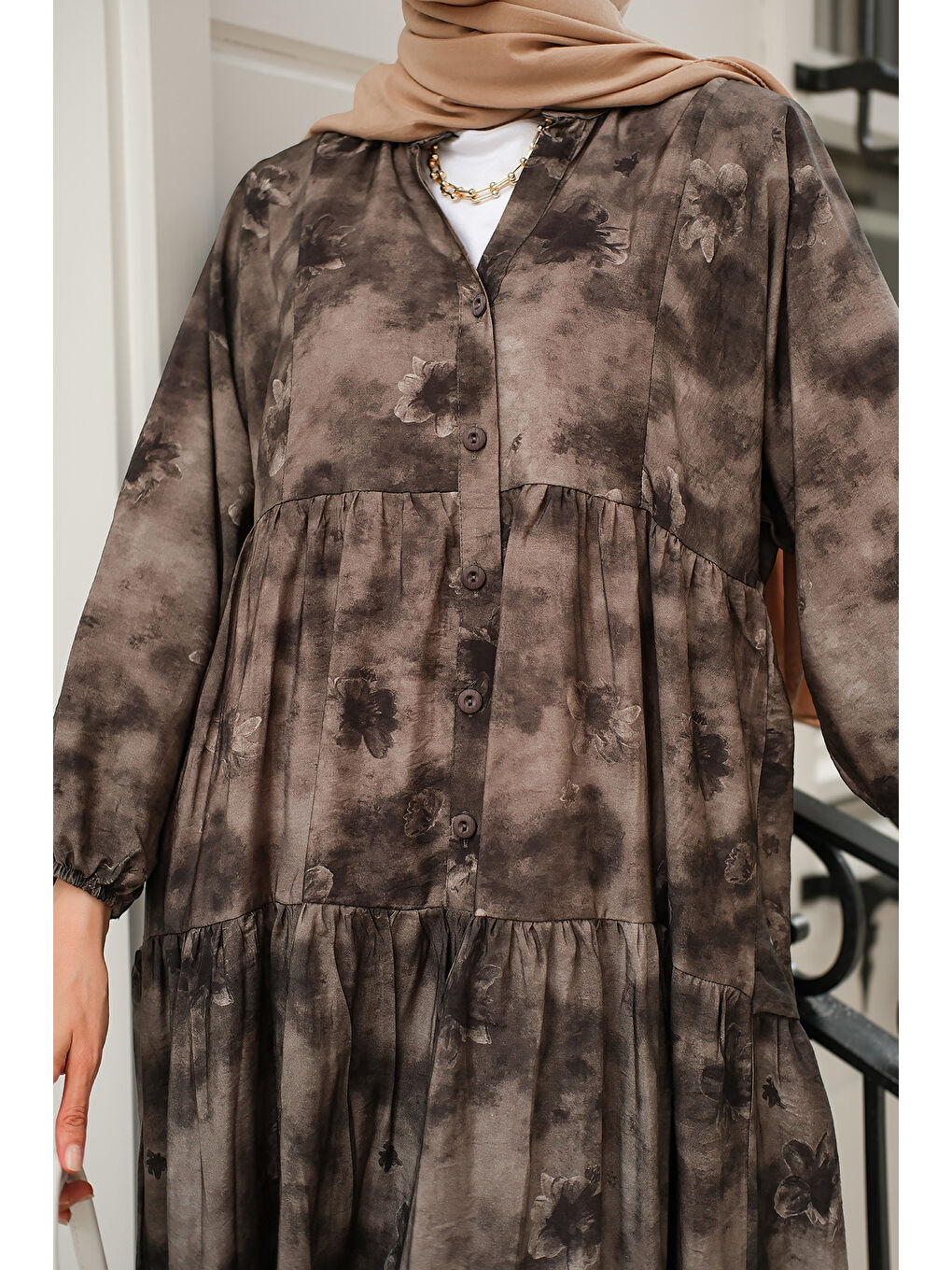 Kadın Sisli Çicek Desenli Elbise Antrasit-3