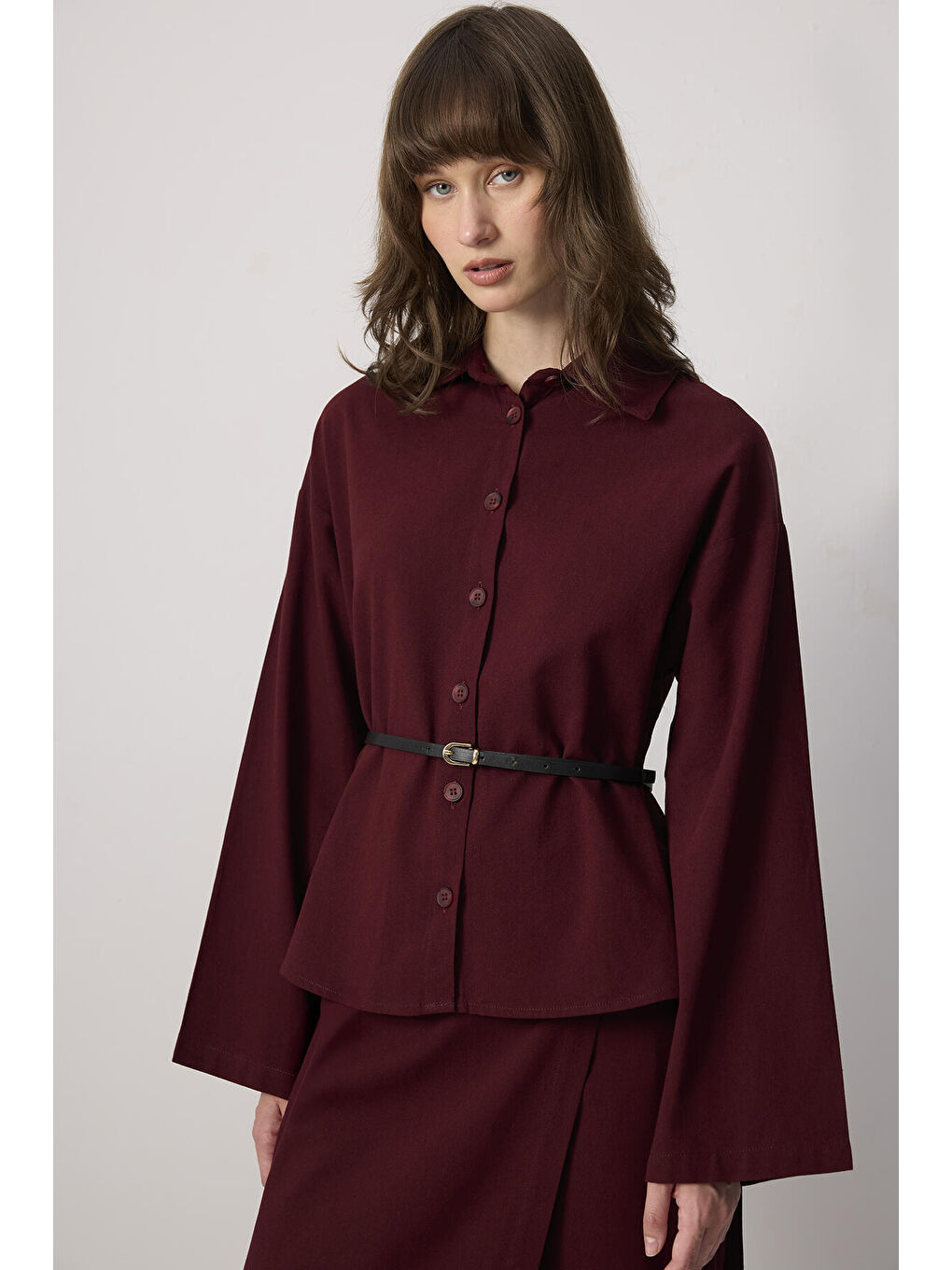 Bordo Kemer Detaylı Gömlek Pantolon Takım-2