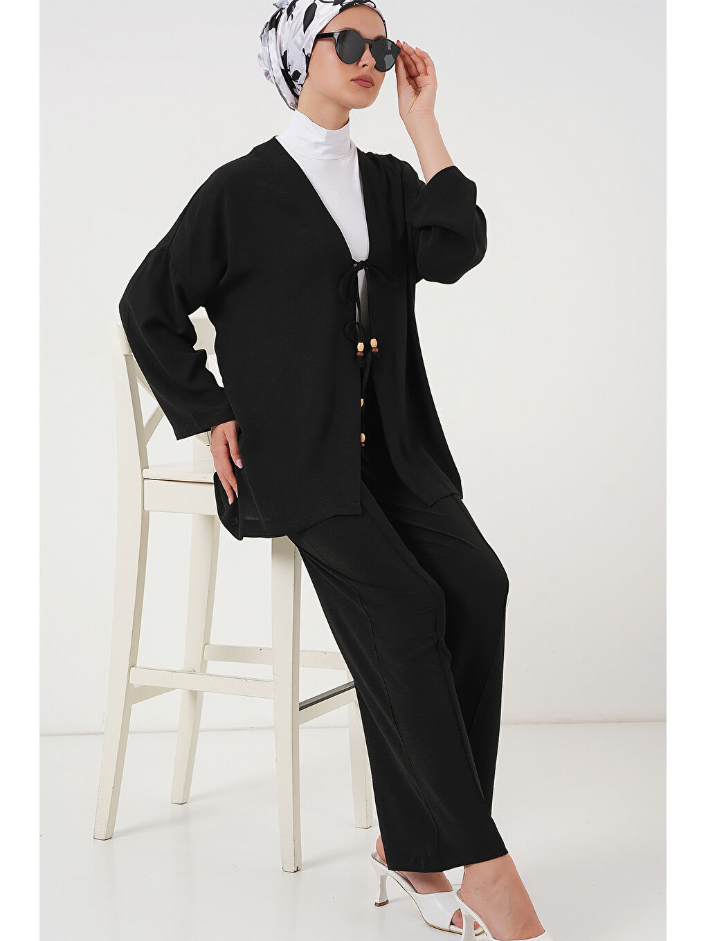 Kadın Ayrobin Kimono Pantolon İkili Takım 6739 - Siyah-2