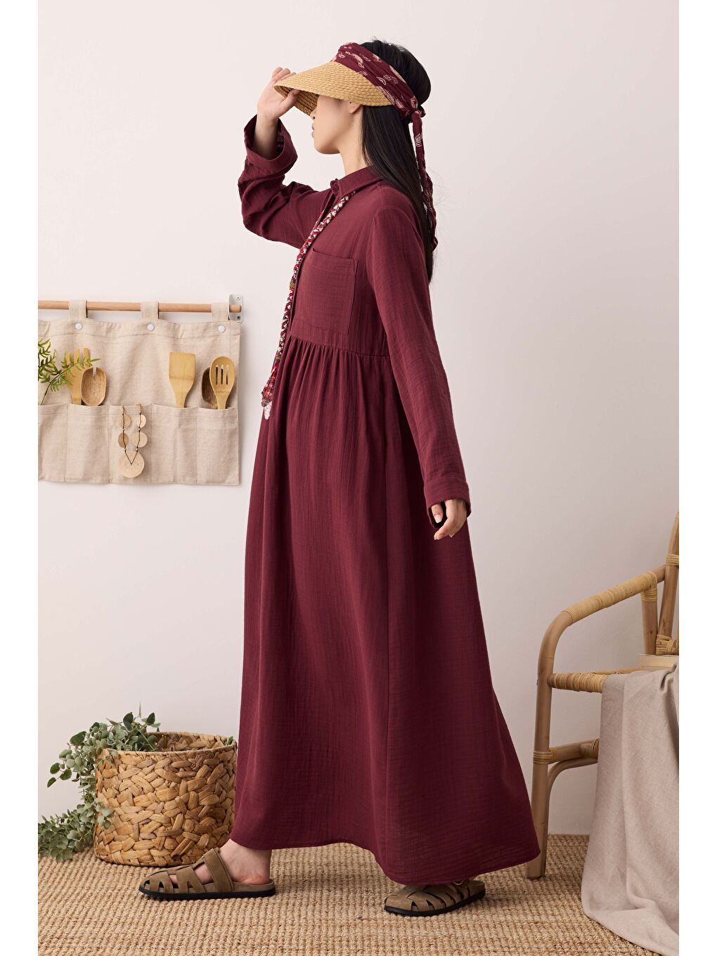 Müslin Beli Büzgülü Elbise Bordo-4