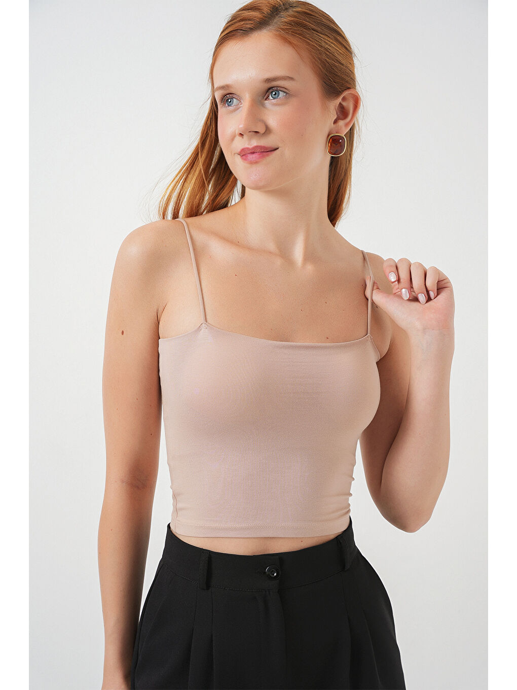 Ekru Kadın İp Askılı Basic Crop Büstiyer 973 - Krem-2