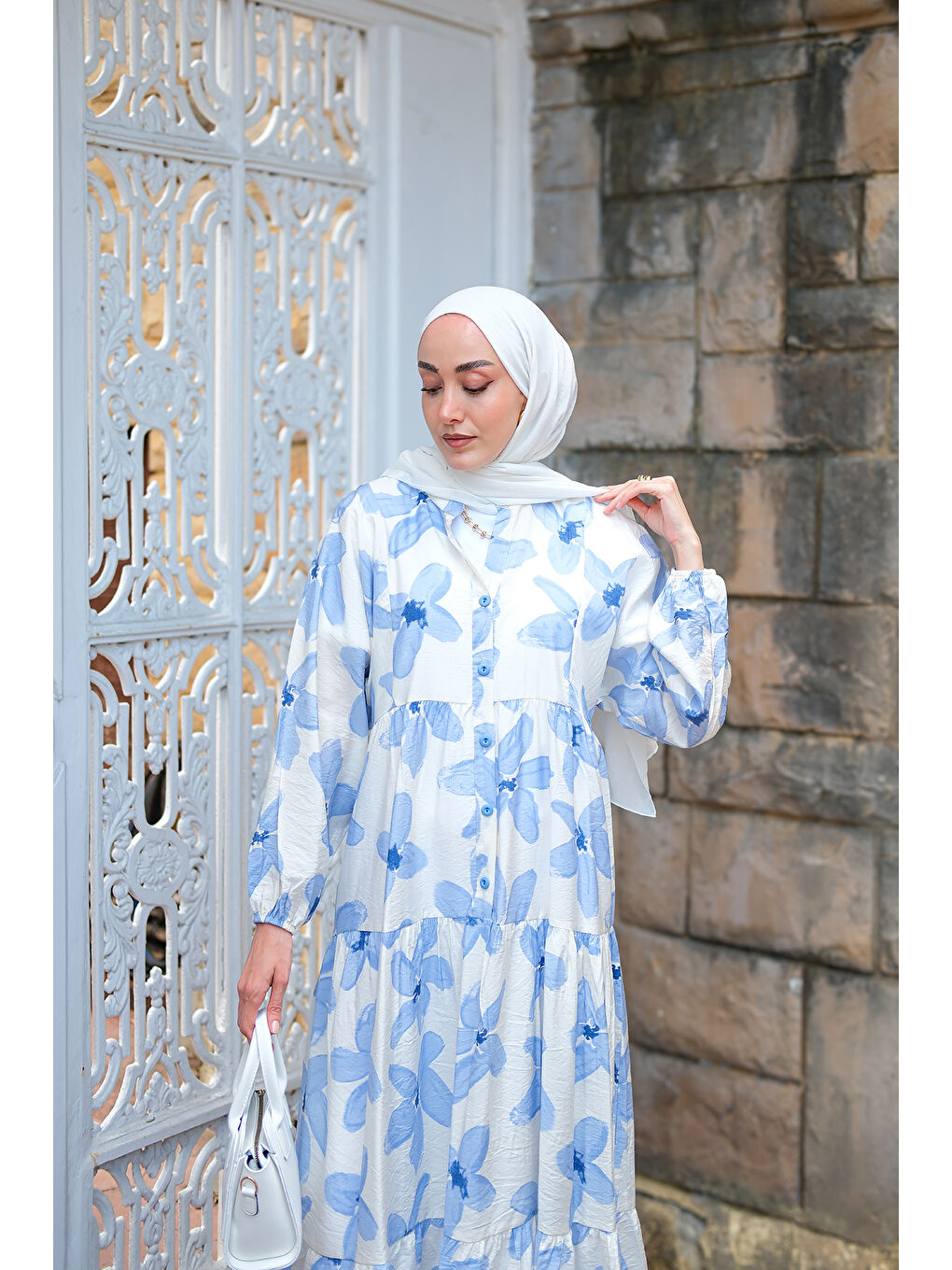 Kadın Papatya Desenli Elbise Mavi-2