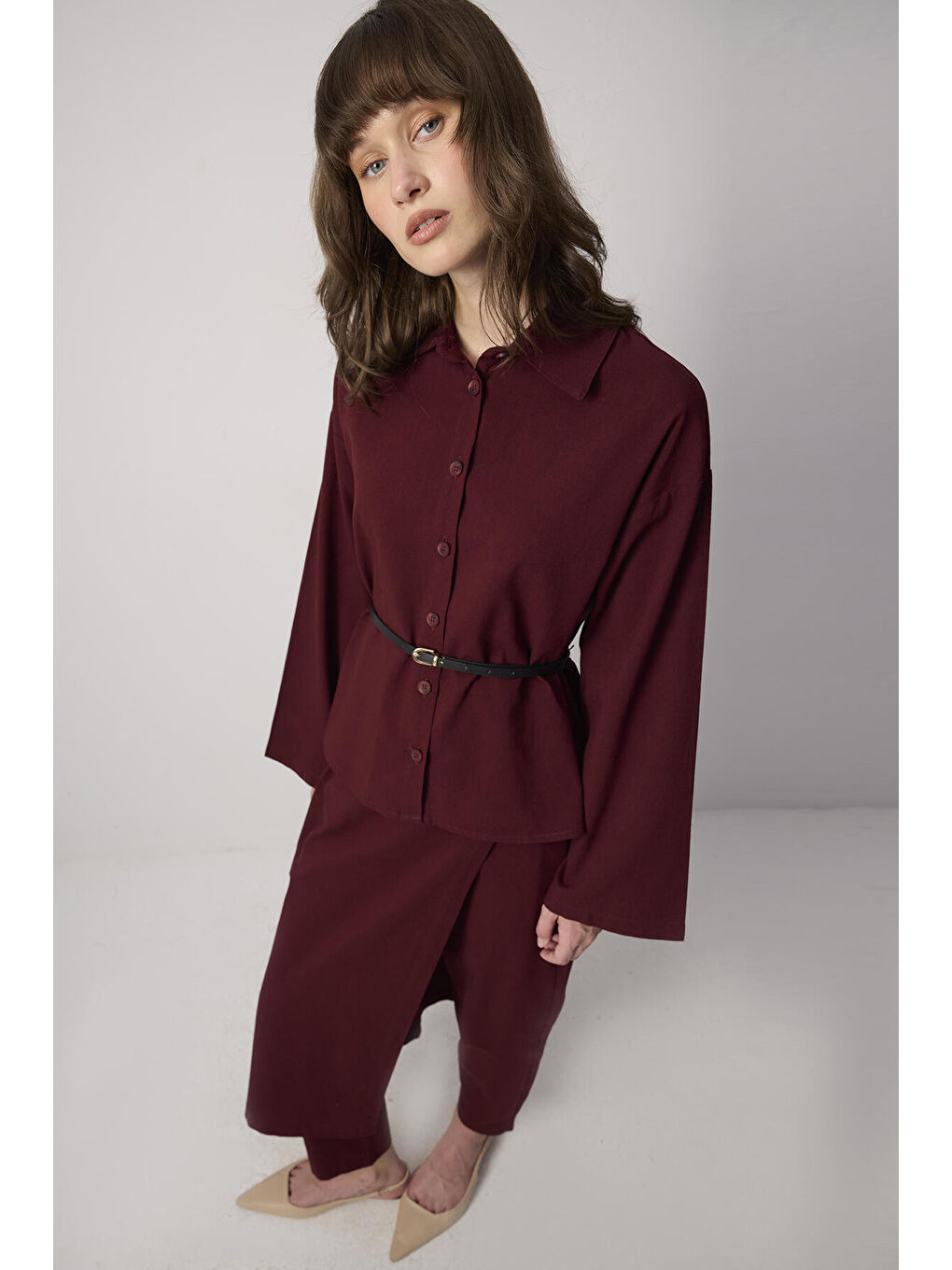 Bordo Kemer Detaylı Gömlek Pantolon Takım-3