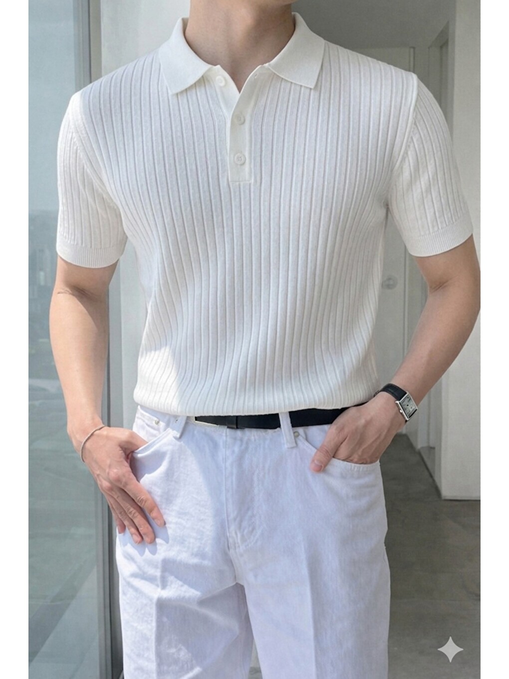 Beyaz Erkek Düğmeli Fitilli Triko Polo Tişört Slim Fit