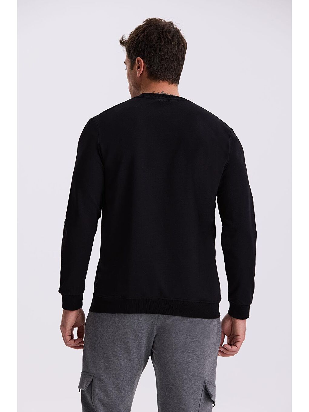 Siyah Slim Fit Bisiklet Yaka %100 Pamuk Sweatshirt-3