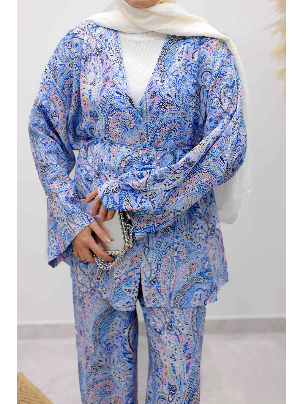 Beli İp Bağlamalı Kimono Takım Tsd250265 Mavi-4