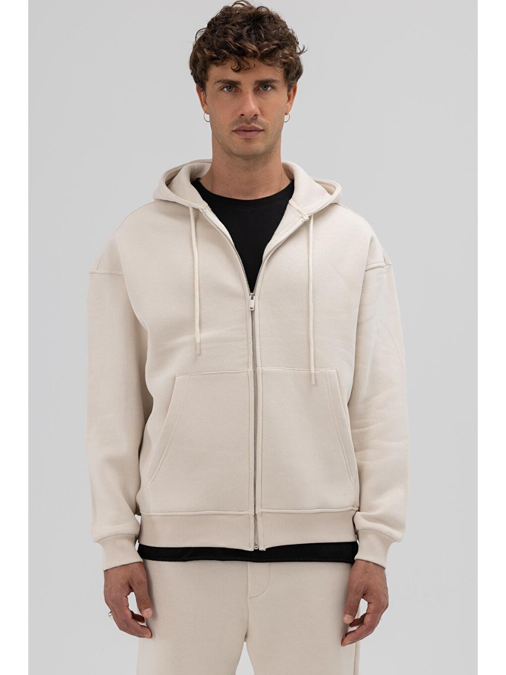 Bej Basic Fermuarlı Oversize Kapüşonlu Sweatshirt Taş-1