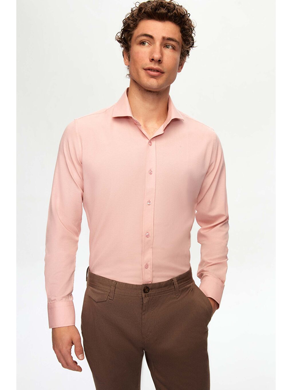 Pembe Slim Fit Gül Kurusu Klasik Kravatlık Uzun Kol Kolay Ütülenebilir Gömlek