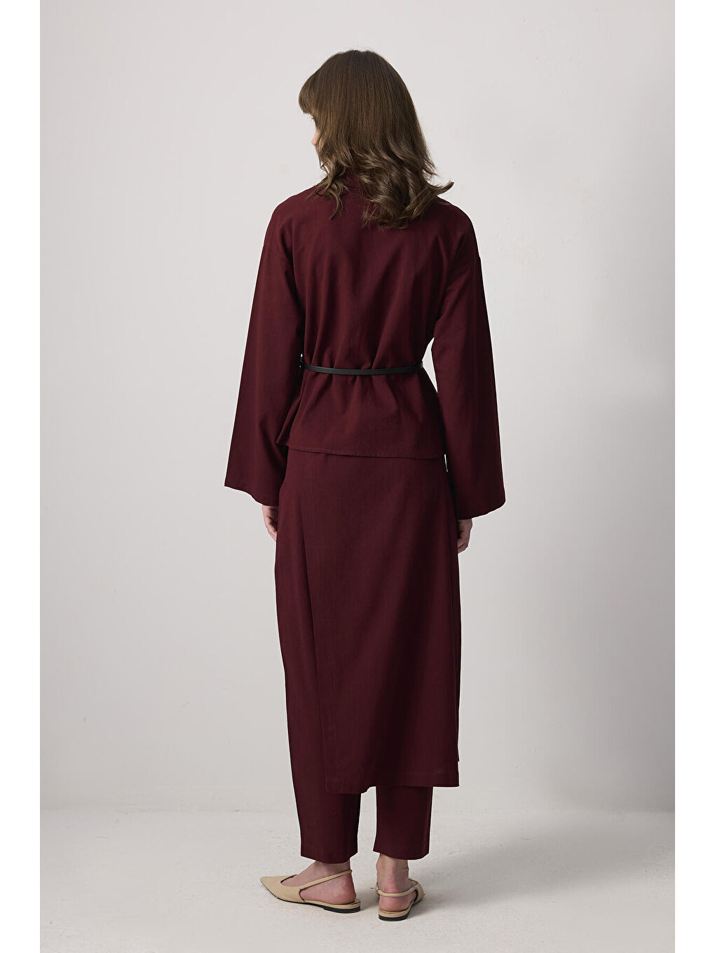 Bordo Kemer Detaylı Gömlek Pantolon Takım-5