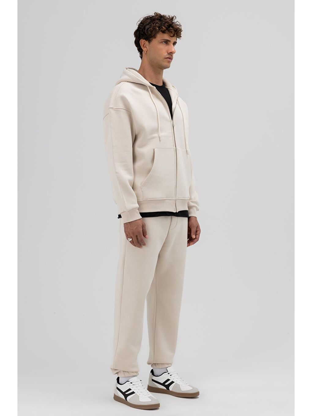 Bej Basic Fermuarlı Oversize Kapüşonlu Sweatshirt Taş-2