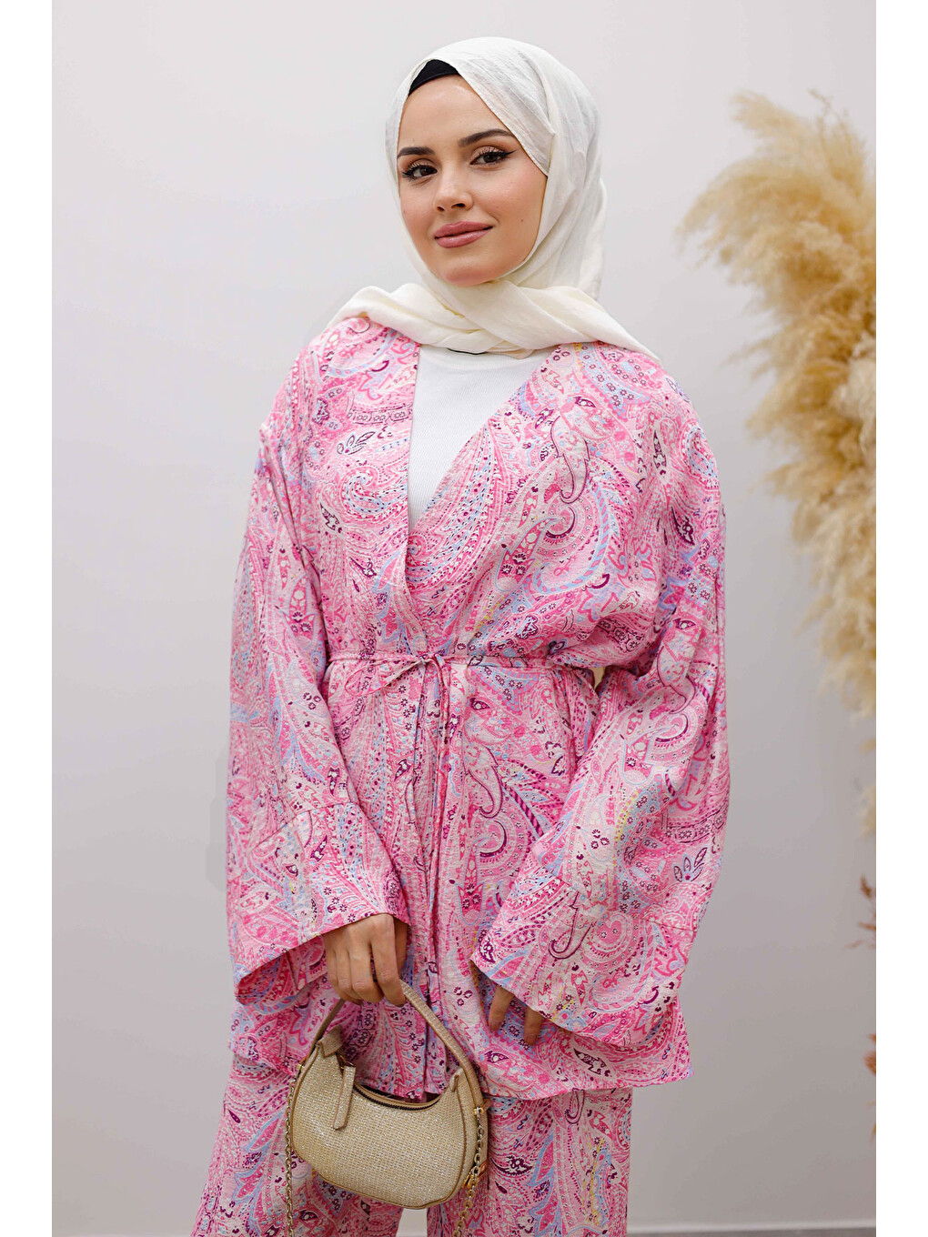 Beli İp Bağlamalı Kimono Takım Tsd250265 Pembe-1