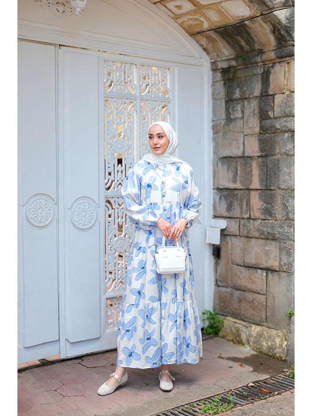 Kadın Papatya Desenli Elbise Mavi-3