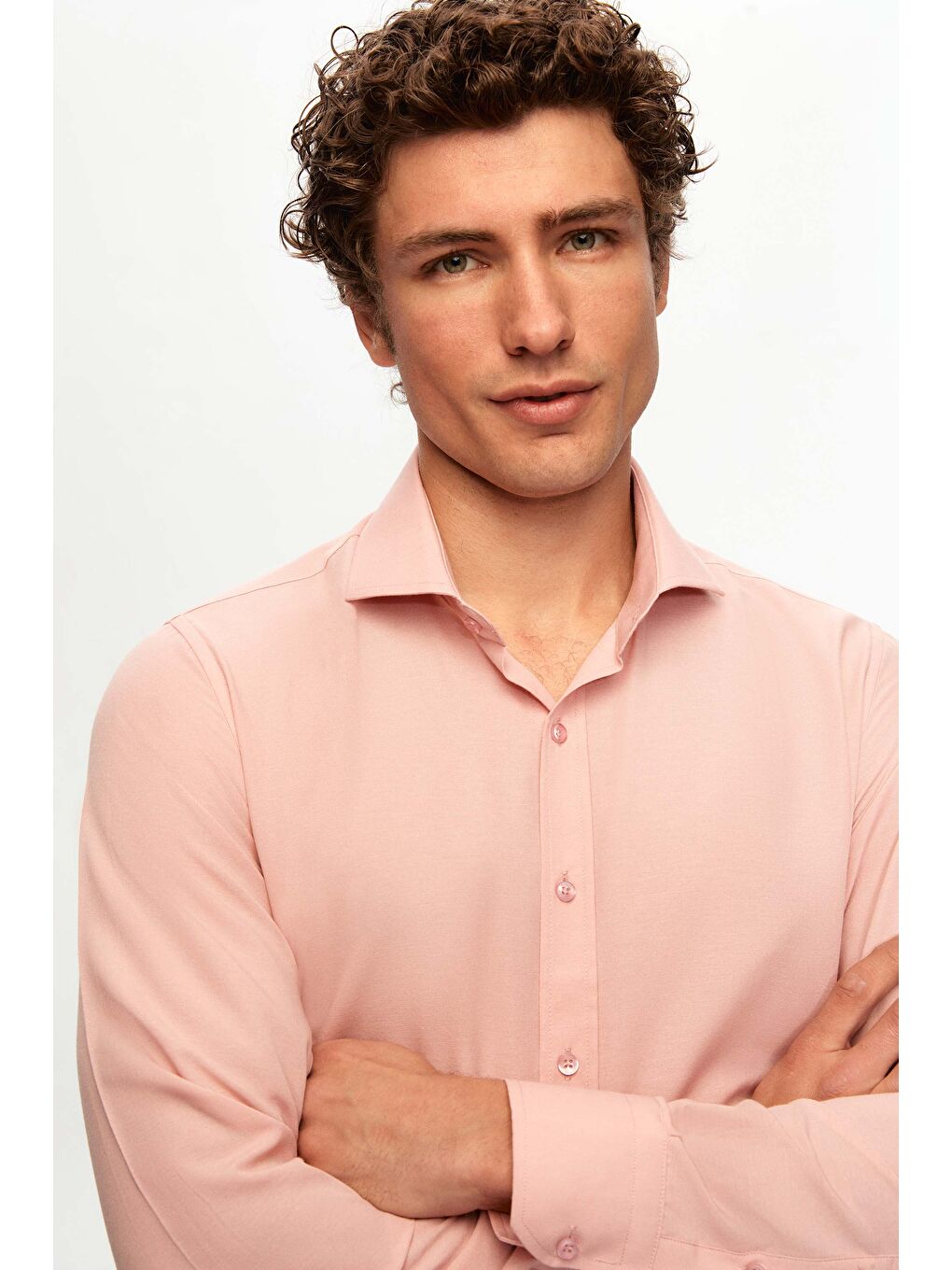 Pembe Slim Fit Gül Kurusu Klasik Kravatlık Uzun Kol Kolay Ütülenebilir Gömlek-1