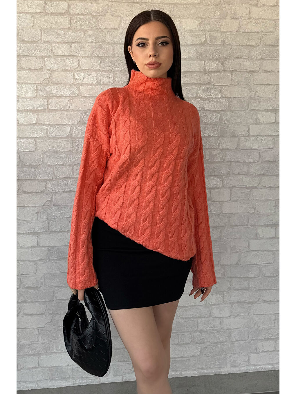 Pembe Yarım Balıkçı Yaka Desenli Kadın Triko Kazak