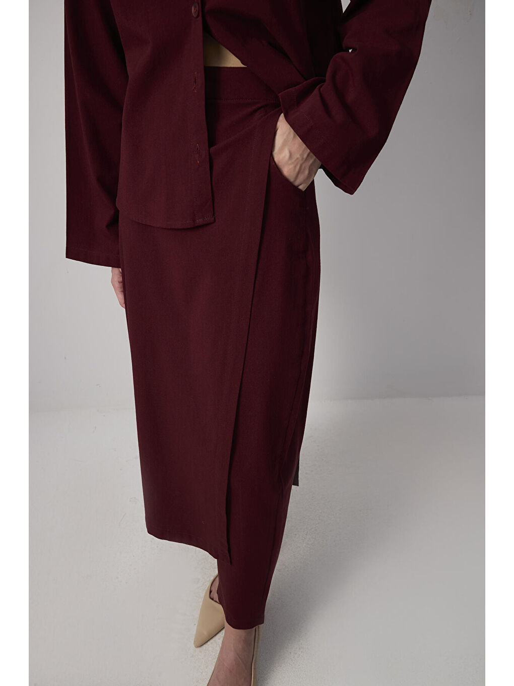 Bordo Kemer Detaylı Gömlek Pantolon Takım-6
