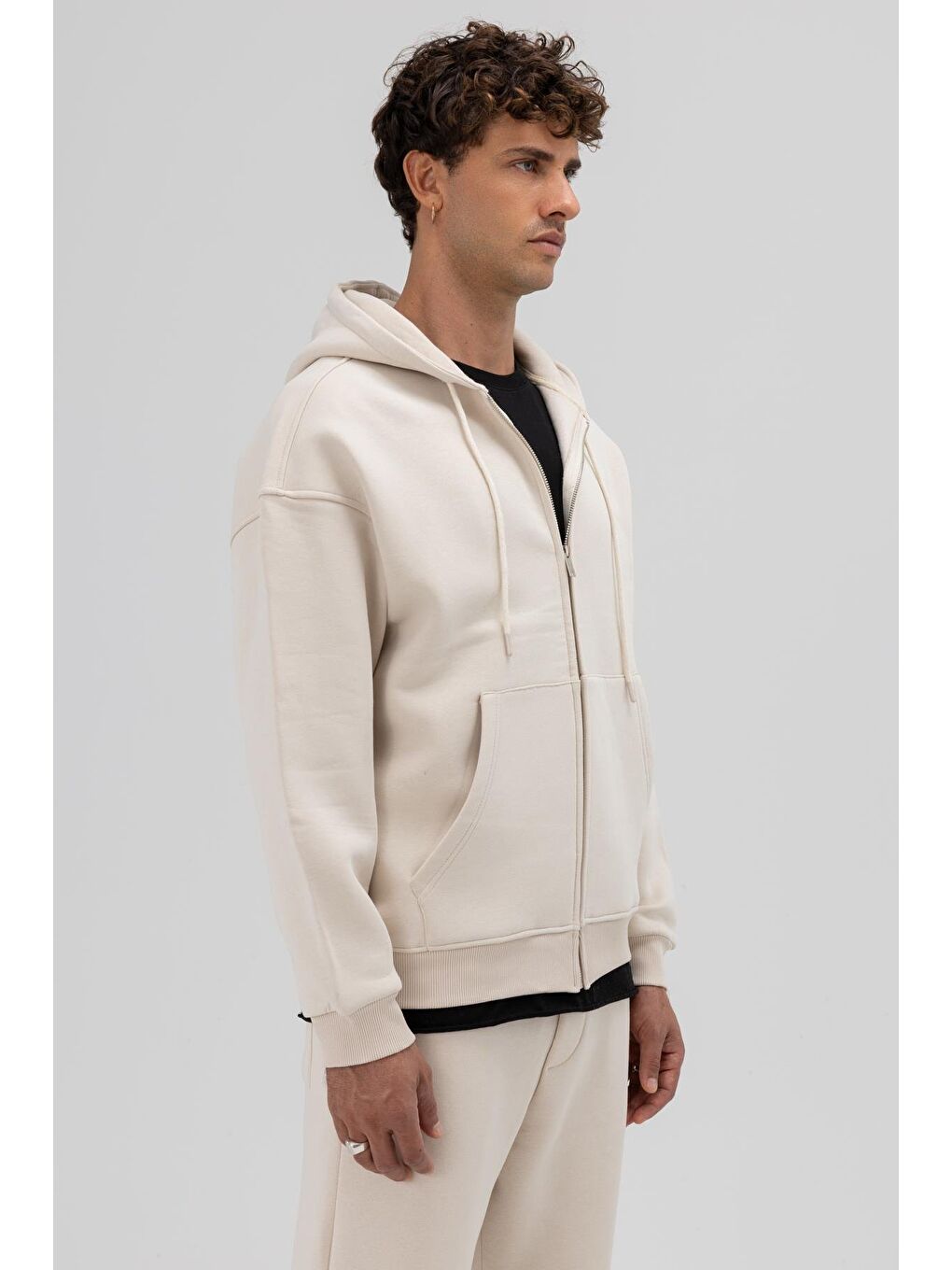 Bej Basic Fermuarlı Oversize Kapüşonlu Sweatshirt Taş-3
