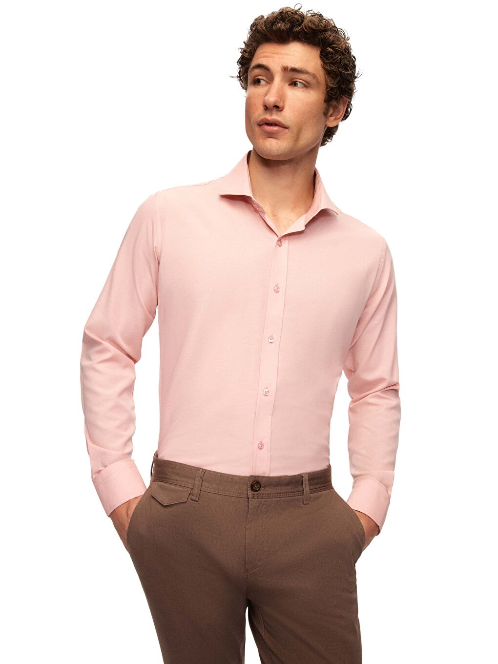 Pembe Slim Fit Gül Kurusu Klasik Kravatlık Uzun Kol Kolay Ütülenebilir Gömlek-2