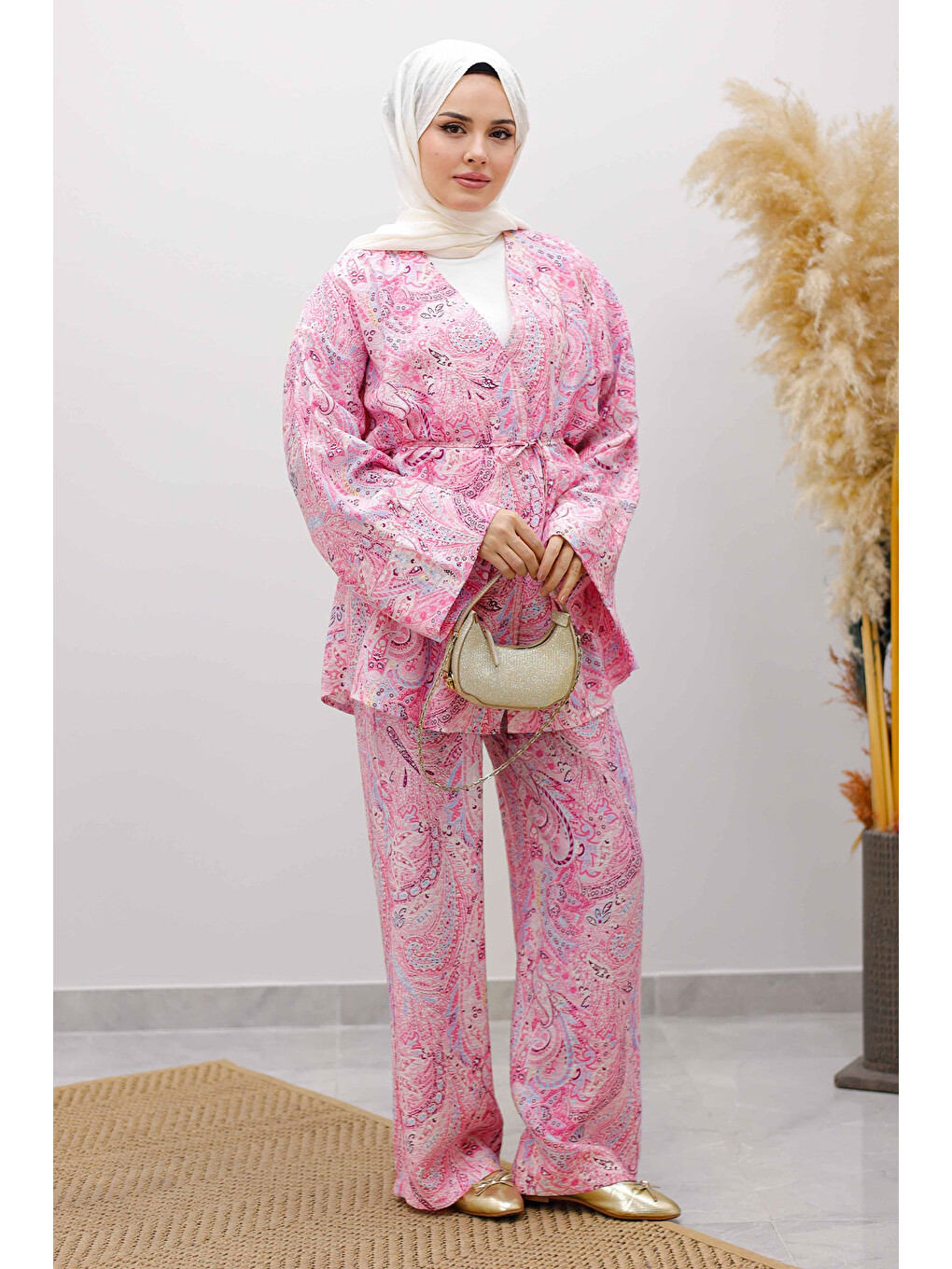 Beli İp Bağlamalı Kimono Takım Tsd250265 Pembe-2