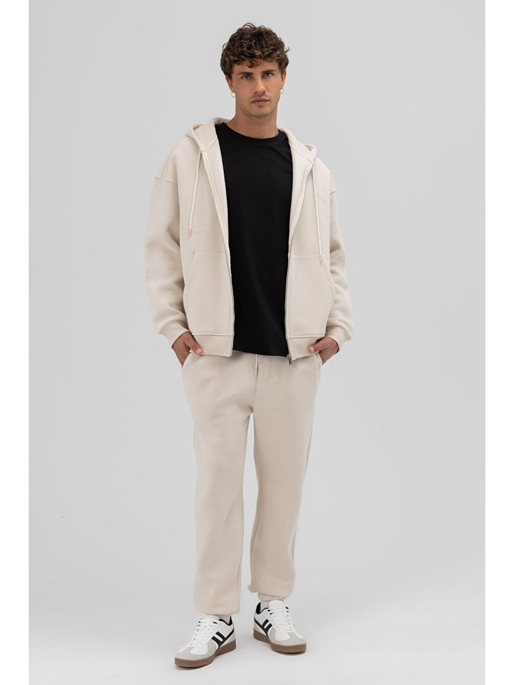 Bej Basic Fermuarlı Oversize Kapüşonlu Sweatshirt Taş-5