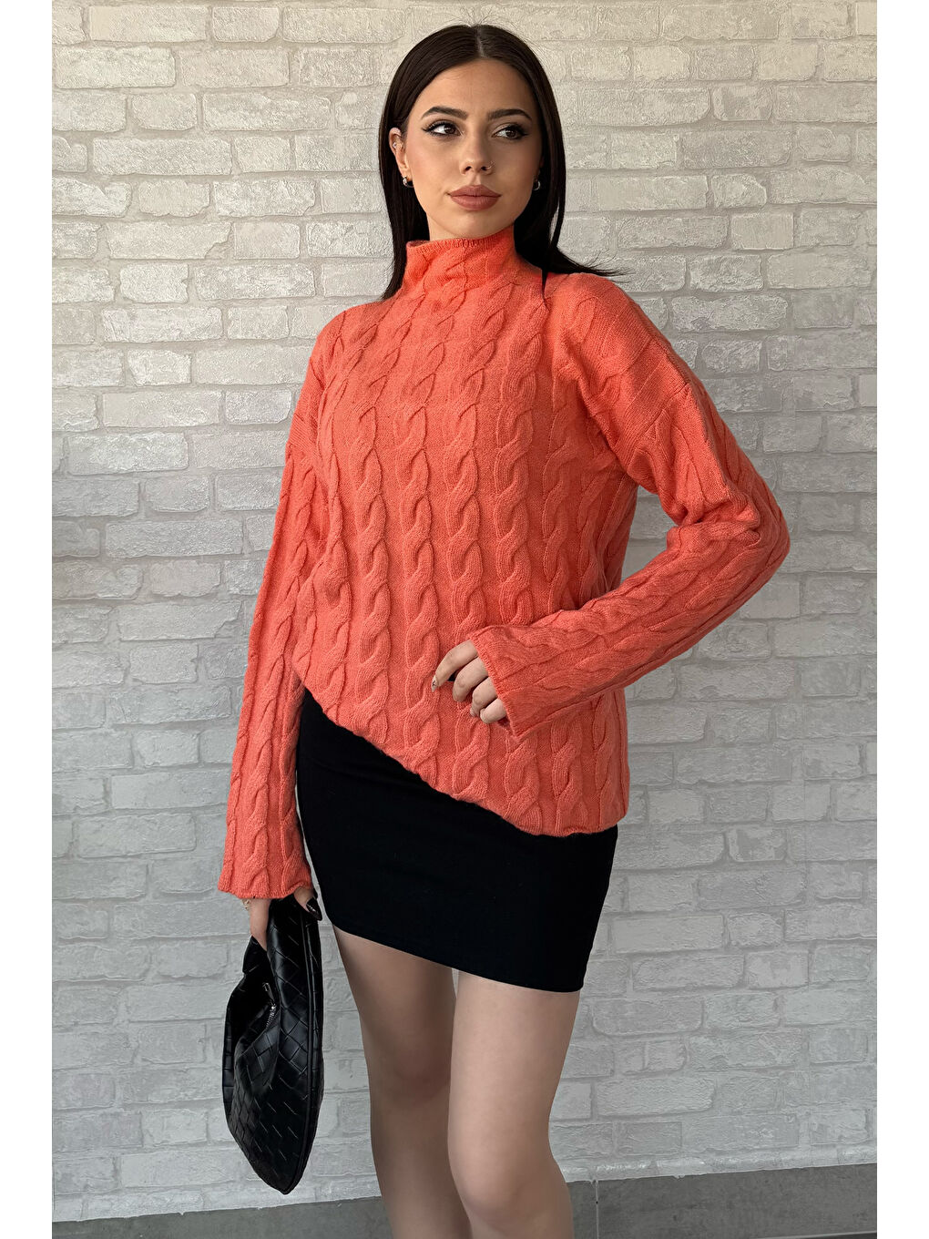 Pembe Yarım Balıkçı Yaka Desenli Kadın Triko Kazak-1