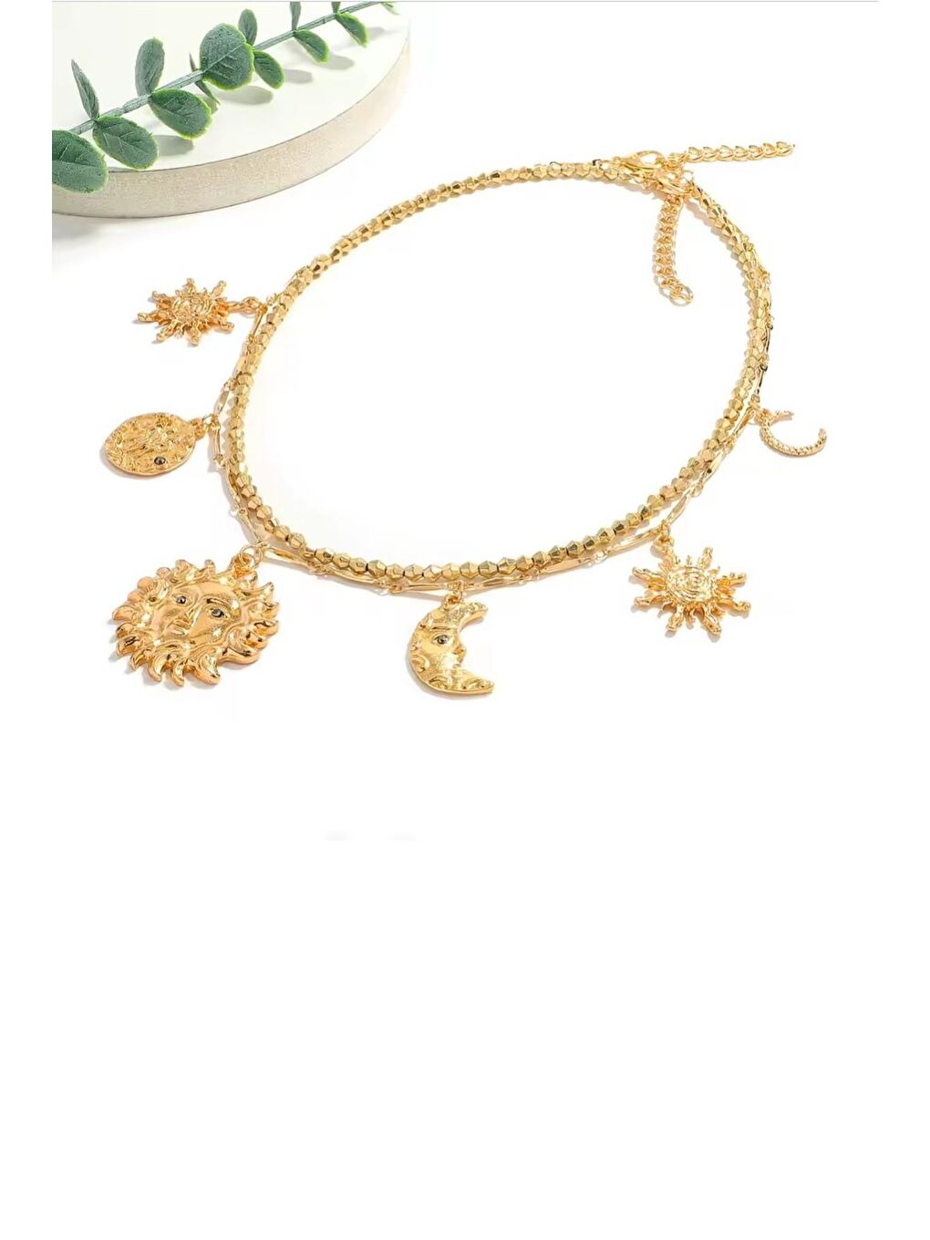 Sarı Astral Çoklu Charmlı Zincir Ve Boncuklu İkili Kolye-1