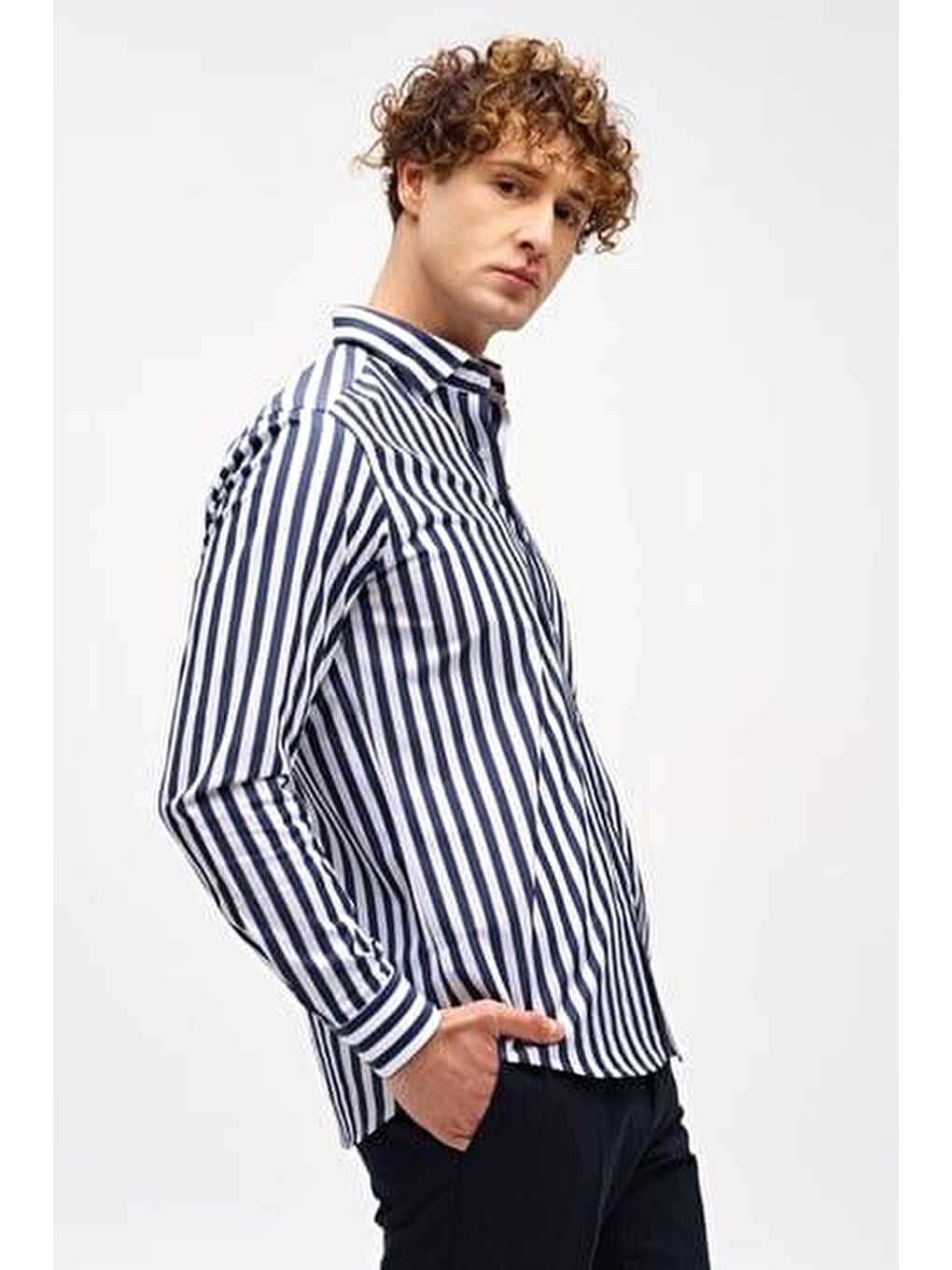 Lacivert Dynamic Fit Düğmeli Yaka Çizgili Uzun Kollu Cepsiz %100 Pamuk Gömlek-2