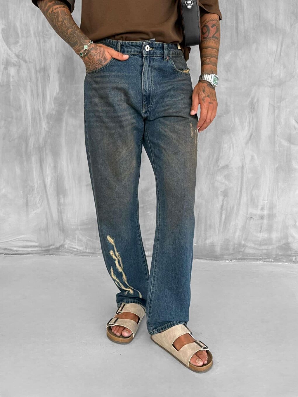 Erkek Eskitme Detaylı Baggy Fit Jean Lacivert-1