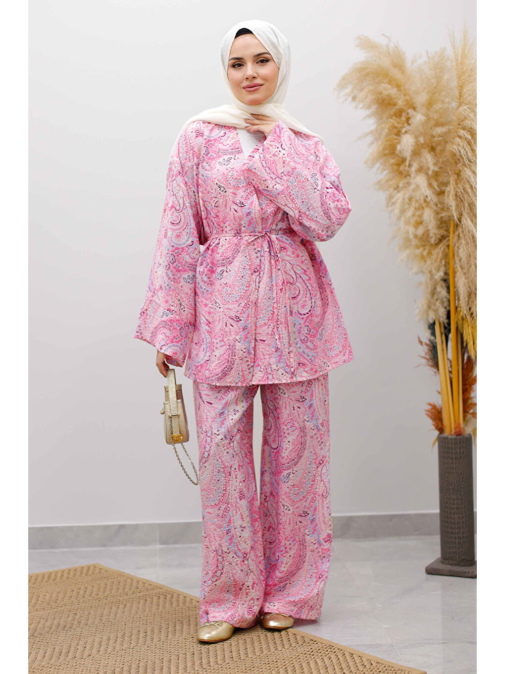 Beli İp Bağlamalı Kimono Takım Tsd250265 Pembe-3
