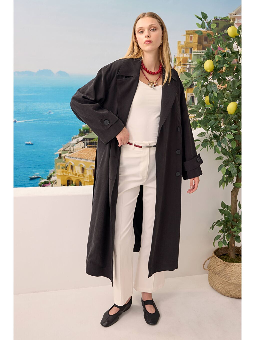 Düğmeli Uzun Trençkot Siyah