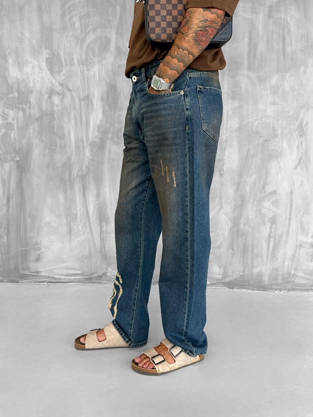 Erkek Eskitme Detaylı Baggy Fit Jean Lacivert-2