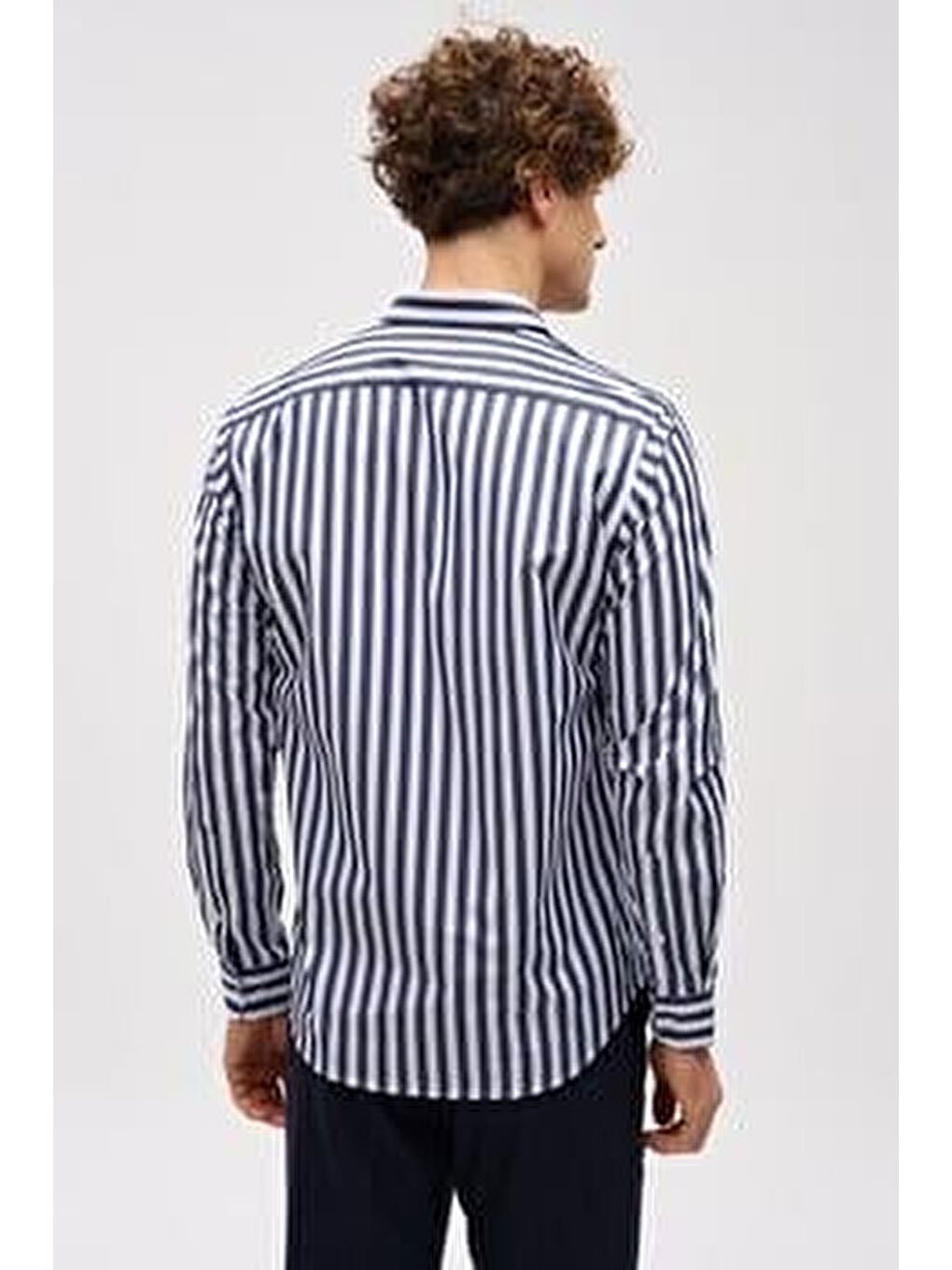 Lacivert Dynamic Fit Düğmeli Yaka Çizgili Uzun Kollu Cepsiz %100 Pamuk Gömlek-4