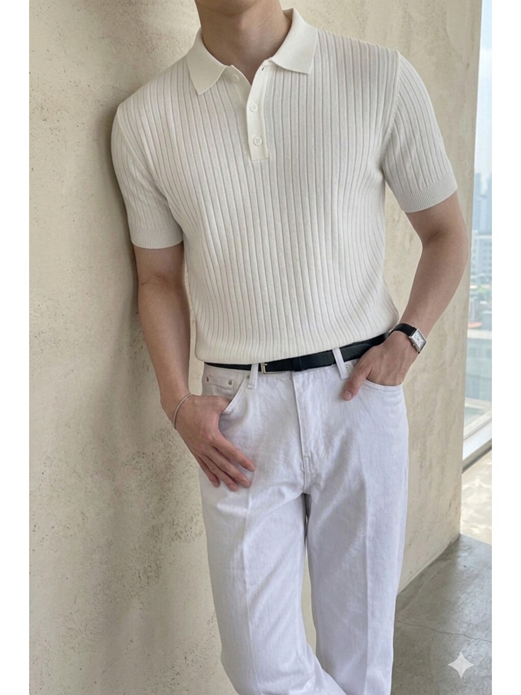 Beyaz Erkek Düğmeli Fitilli Triko Polo Tişört Slim Fit-1