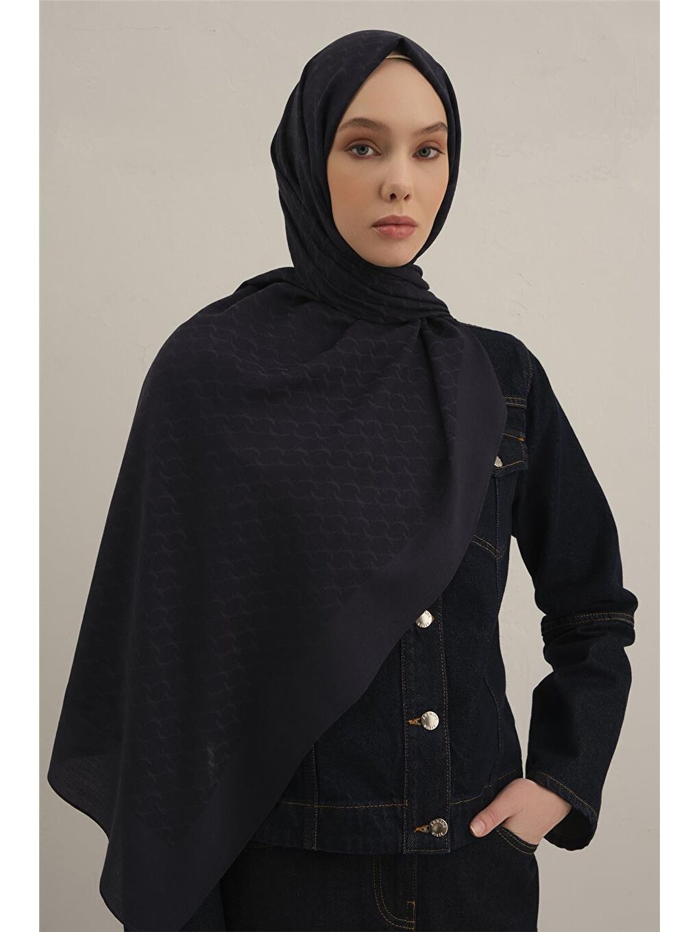 Lacivert Link Desen Bambu Pamuk Şal 02-1