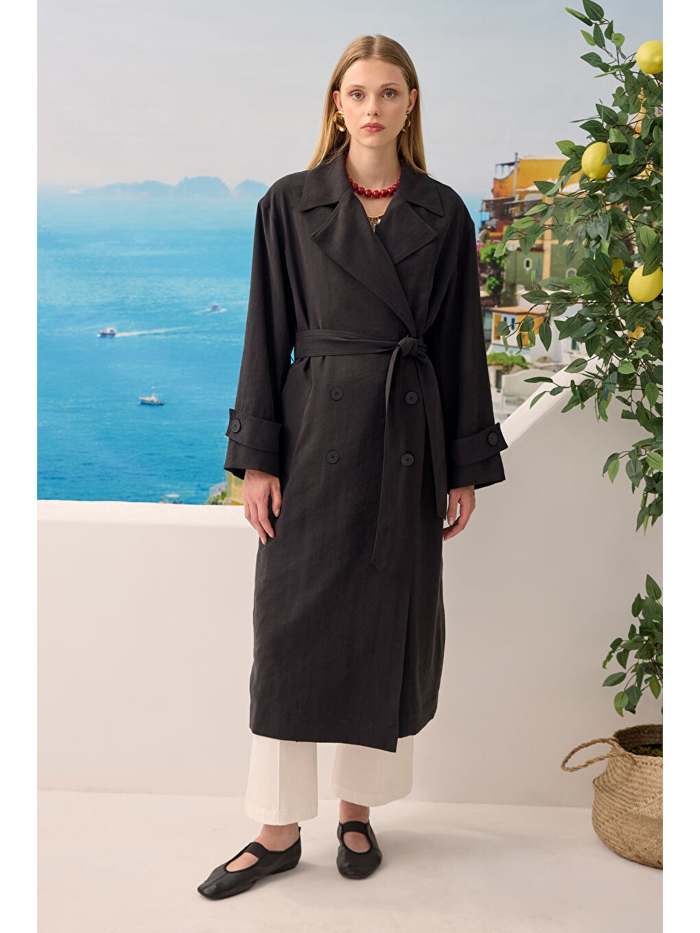 Düğmeli Uzun Trençkot Siyah-1