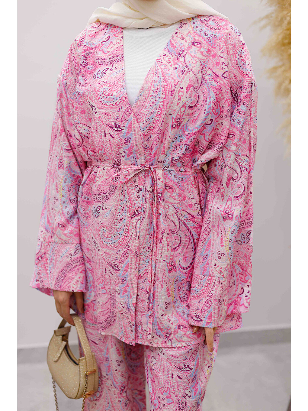 Beli İp Bağlamalı Kimono Takım Tsd250265 Pembe-4