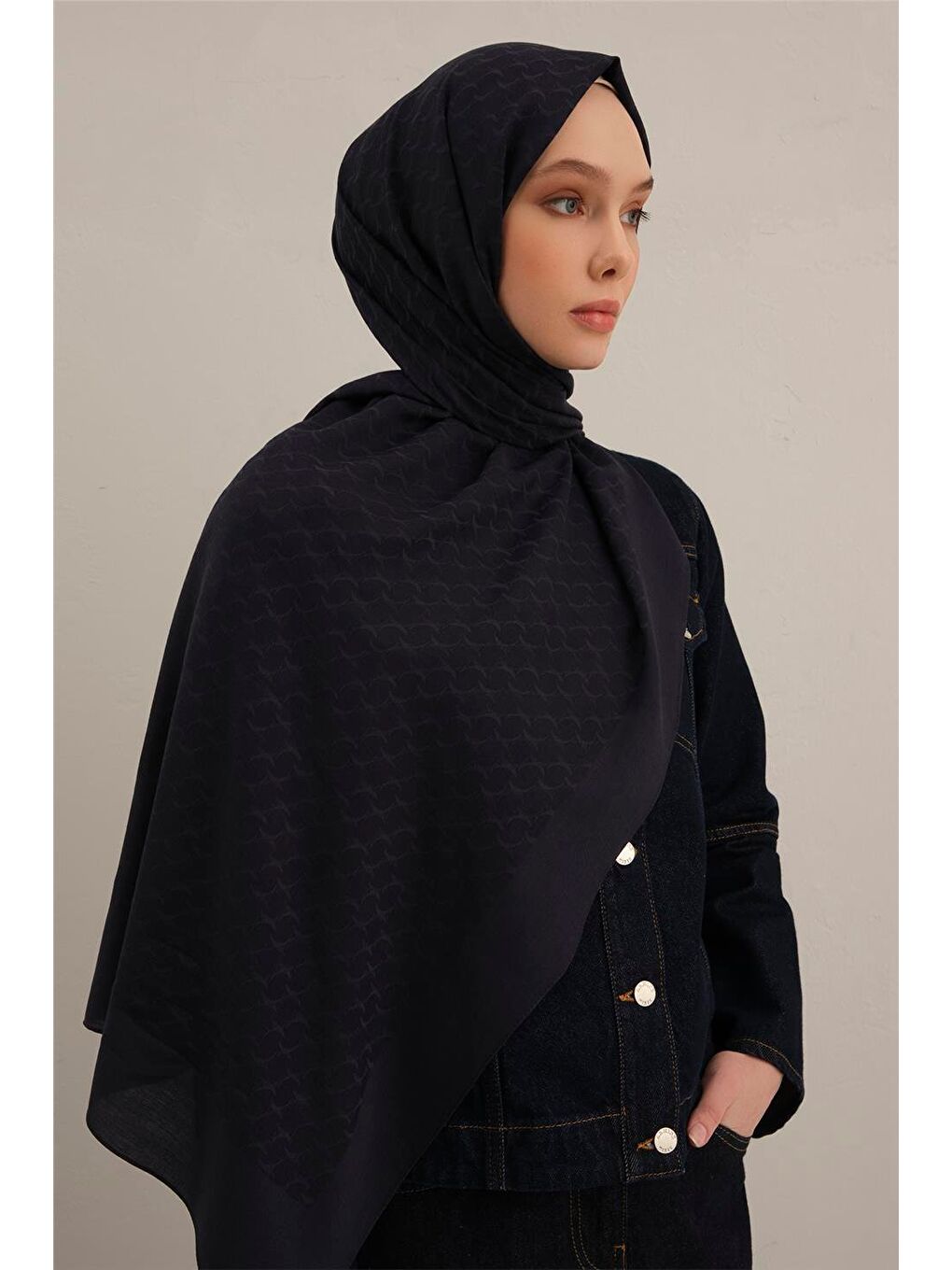 Lacivert Link Desen Bambu Pamuk Şal 02-2