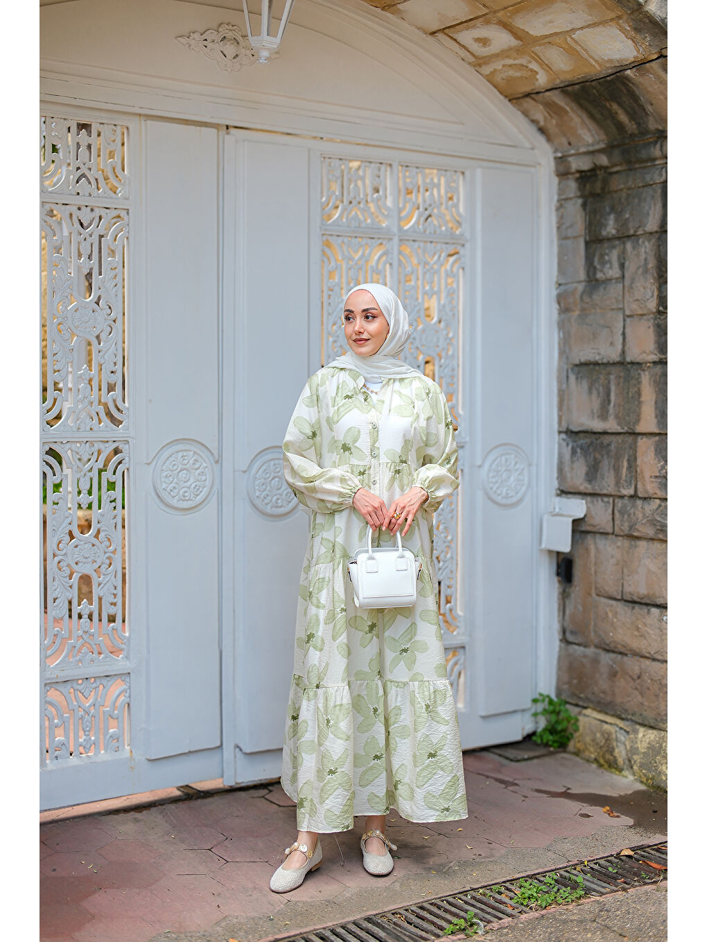 Kadın Papatya Desenli Elbise Yeşil