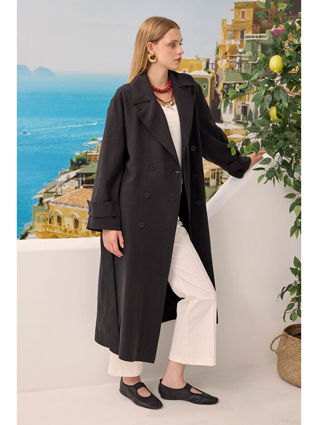 Düğmeli Uzun Trençkot Siyah-2