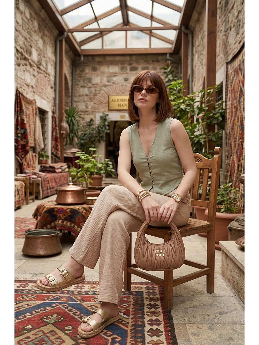 Yeşil Pamuklu Regular Fit V Yaka Düğme Detaylı Yazlık Bluz Yelek 5866661-1