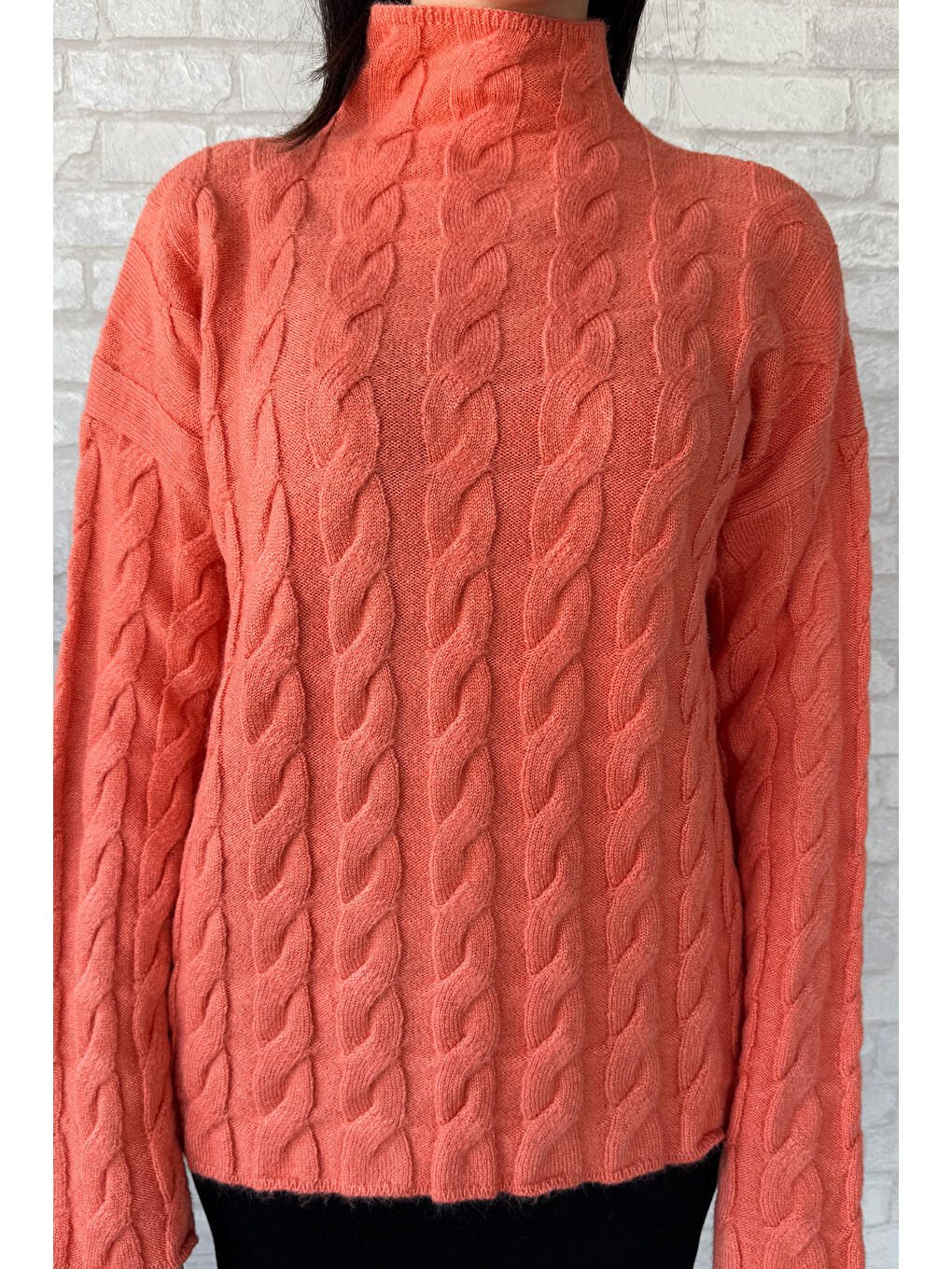 Pembe Yarım Balıkçı Yaka Desenli Kadın Triko Kazak-2