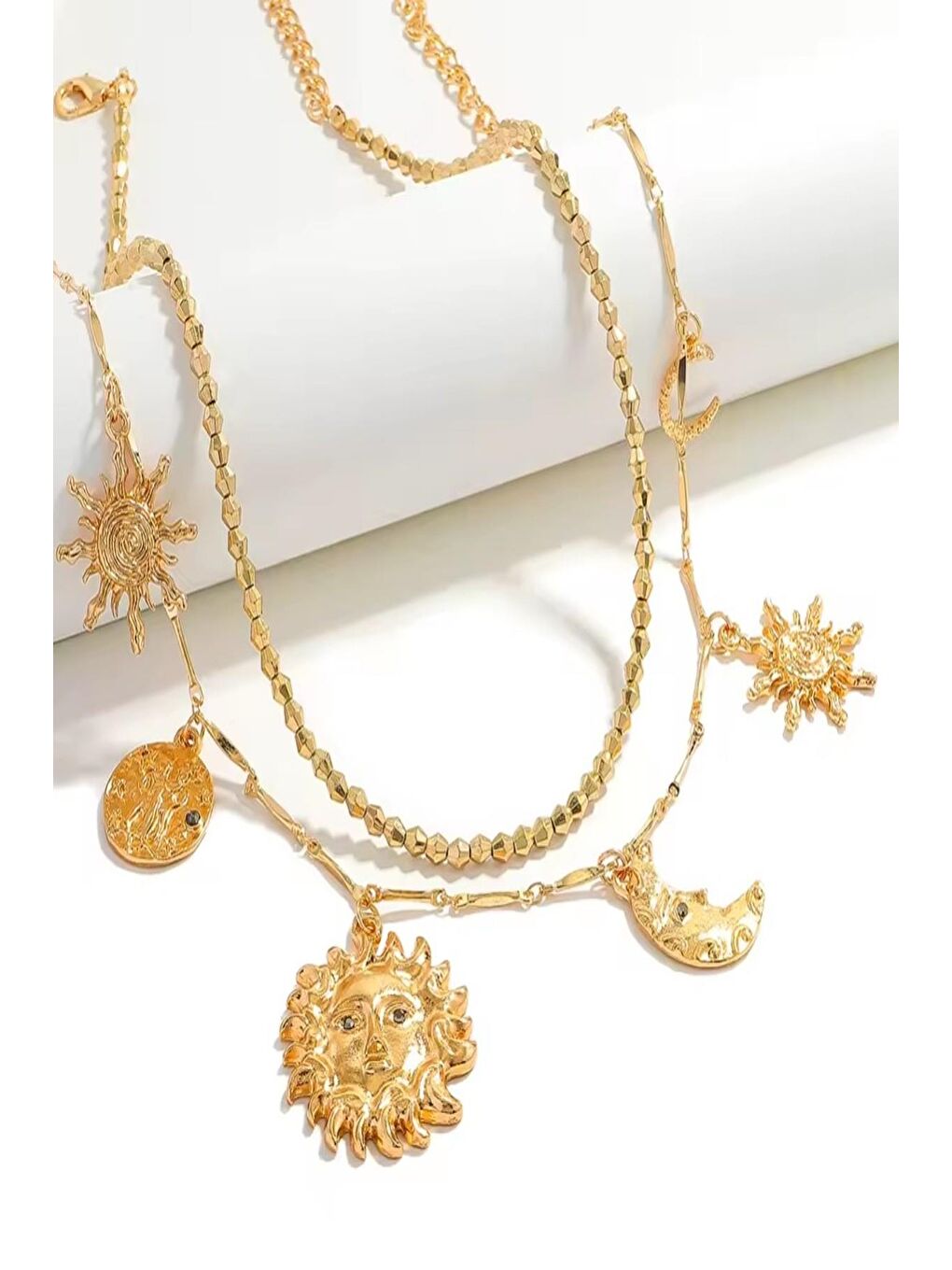 Sarı Astral Çoklu Charmlı Zincir Ve Boncuklu İkili Kolye-3