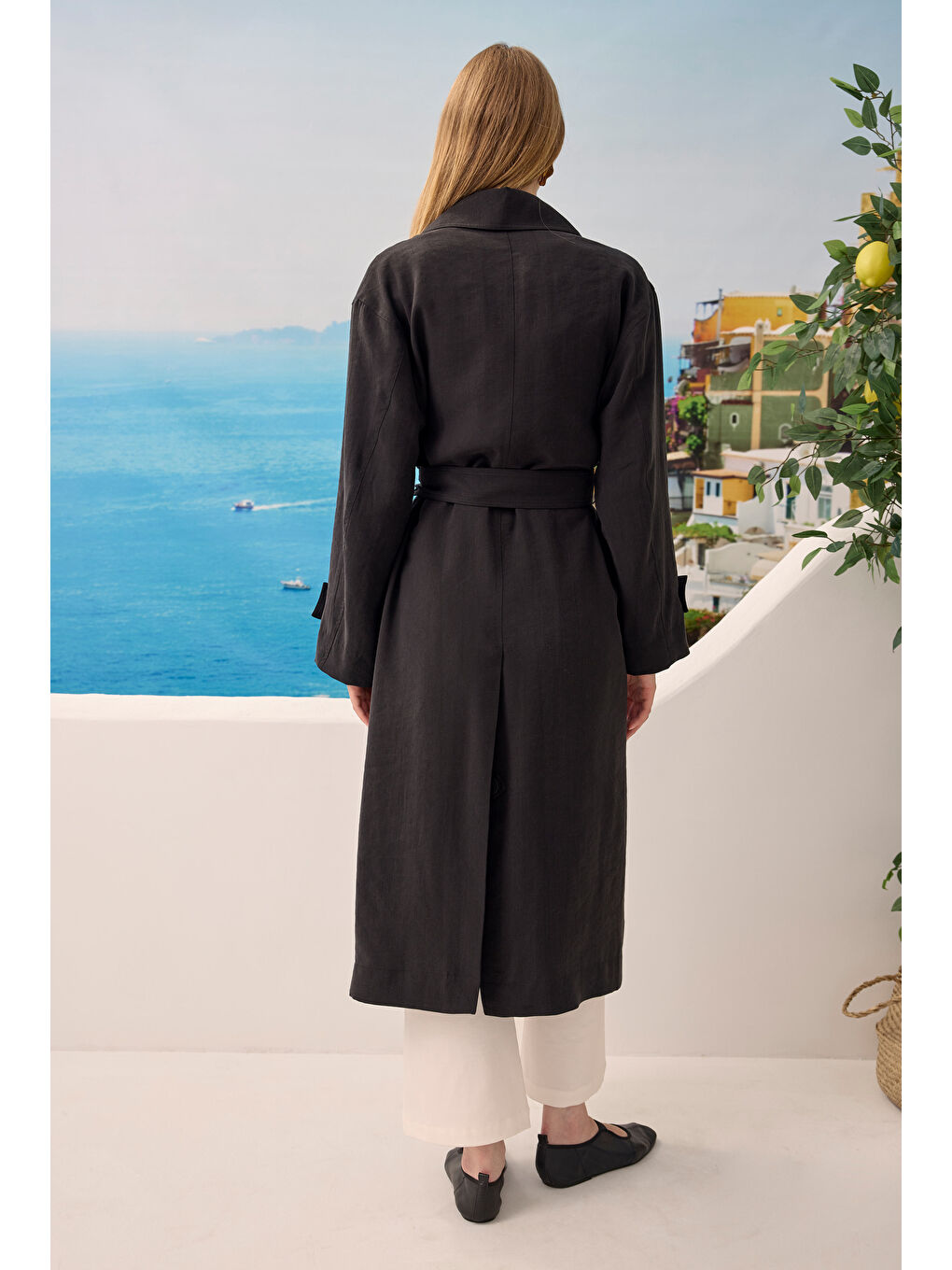 Düğmeli Uzun Trençkot Siyah-3