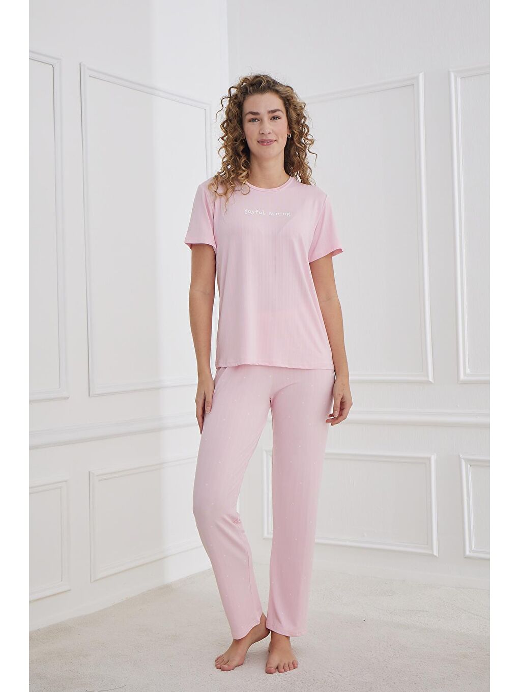 Kadın Yıldız Desenli Bisiklet Yaka Pijama Takım | Pembe 80601-1237