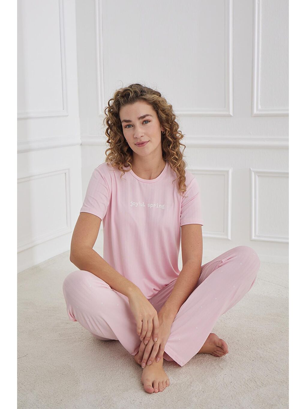 Kadın Yıldız Desenli Bisiklet Yaka Pijama Takım | Pembe 80601-1237-1