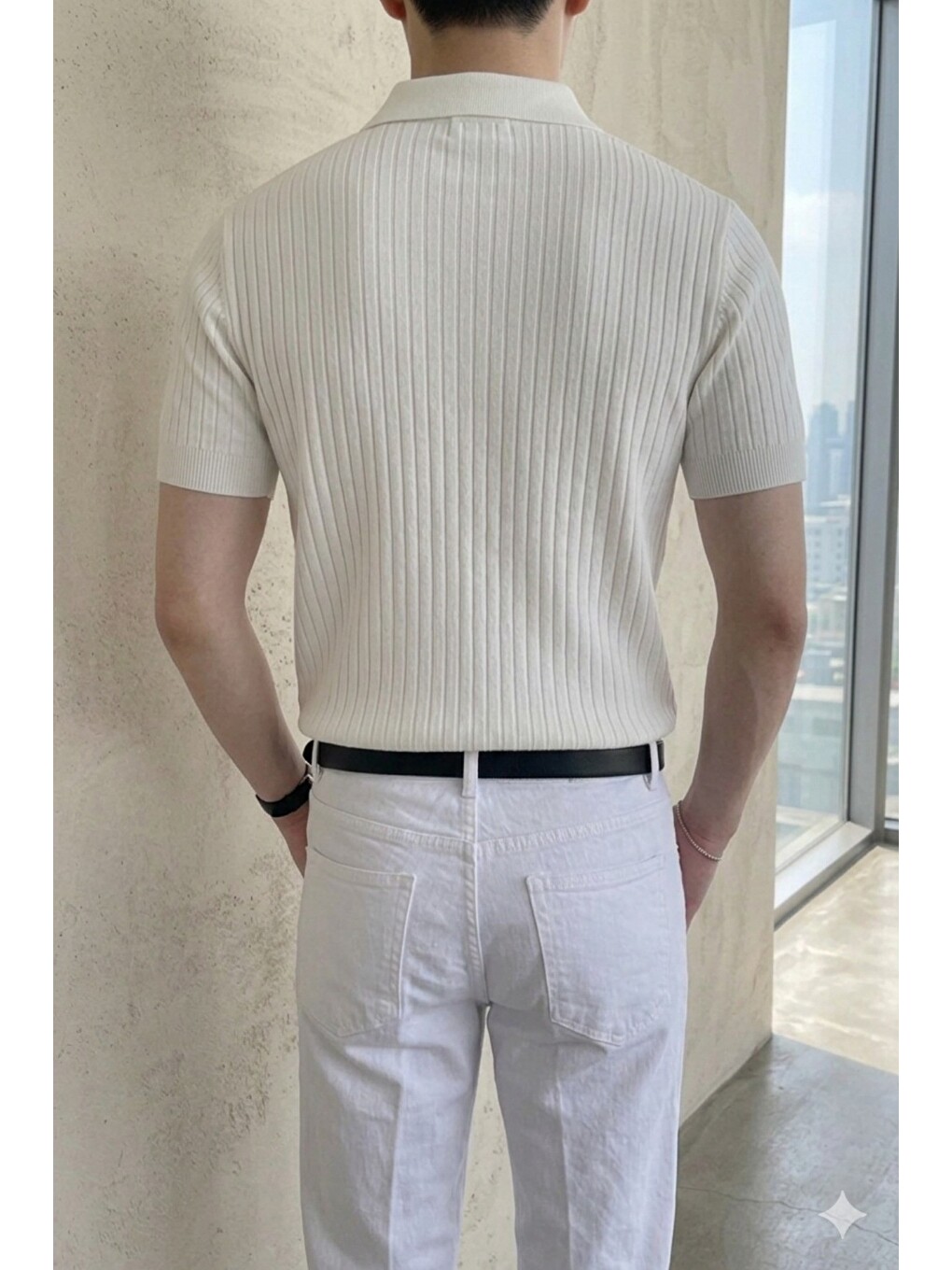 Beyaz Erkek Düğmeli Fitilli Triko Polo Tişört Slim Fit-2