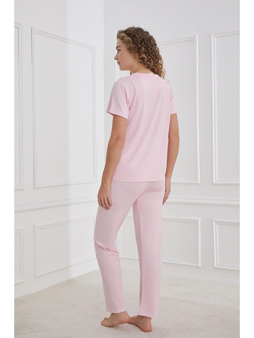 Kadın Yıldız Desenli Bisiklet Yaka Pijama Takım | Pembe 80601-1237-2