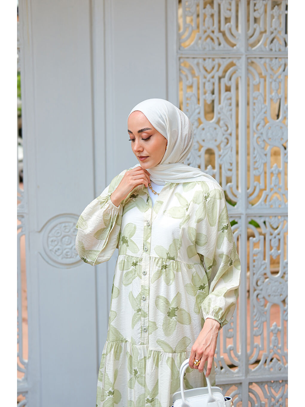 Kadın Papatya Desenli Elbise Yeşil-1